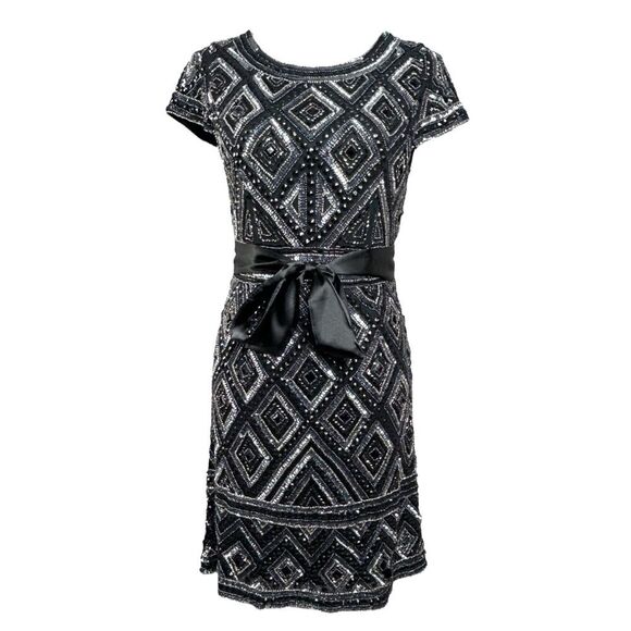 Adrianna Papell Beaded Mesh Sheath Dress Black Silver Sequin Art Deco Mod Mini - Picture 2 of 15